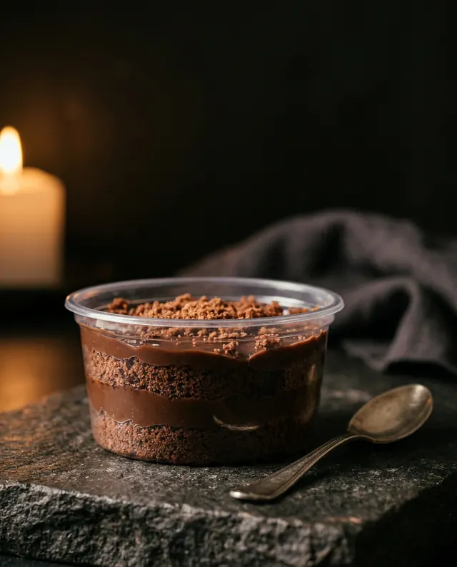 Bolo de pote em cenário escuro e sofisticado, sobre pedra, com vela ao fundo