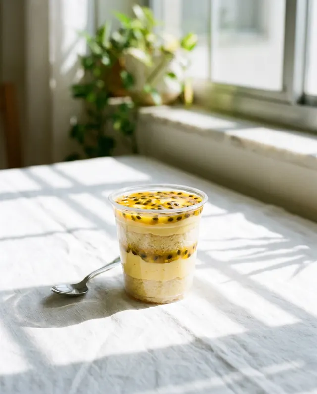 Bolo de pote em mesa com toalha branca e luz de janela natural