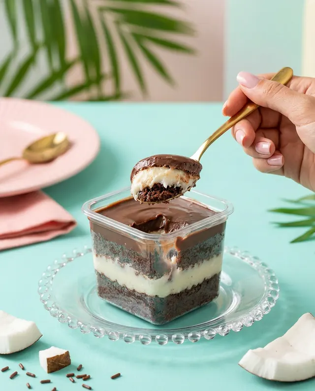 Pote de doce sendo servido com colher em mesa turquesa com folhagem tropical